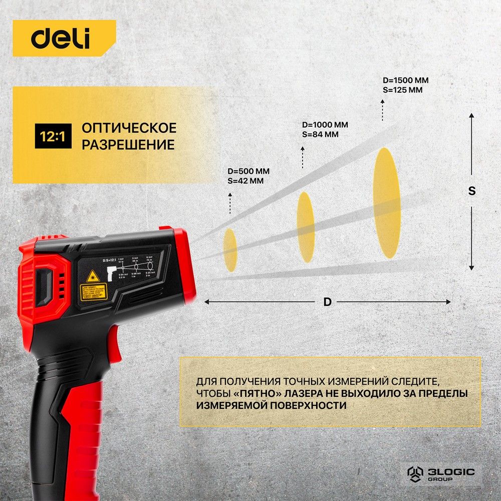 Инфракрасный пирометр (термометр) с цветным дисплеем Deli DL333380A -30…380°C